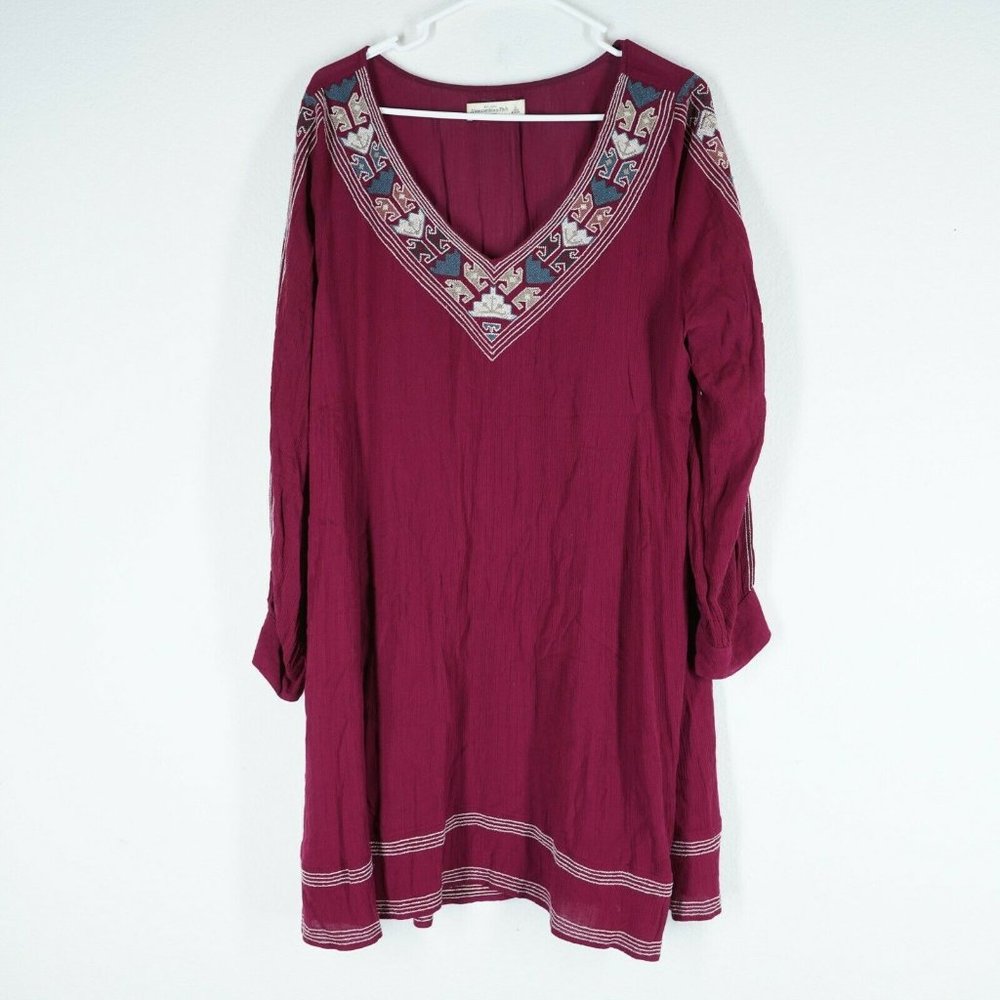 ABERCROMBIE & FITCH Tunic Dress Womens Large Burgundy Embroidered V Neck Boho